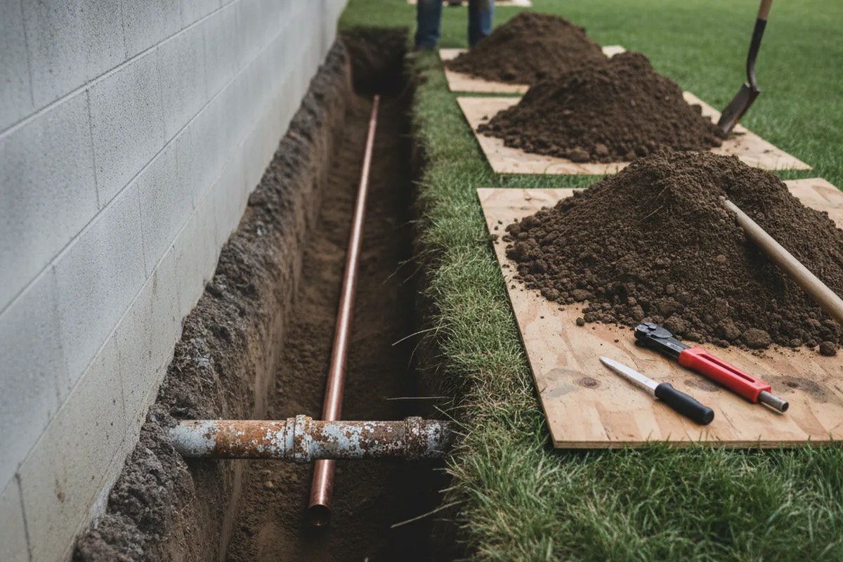 Excavated water line trench during Water Softener Installation in East Brunswick